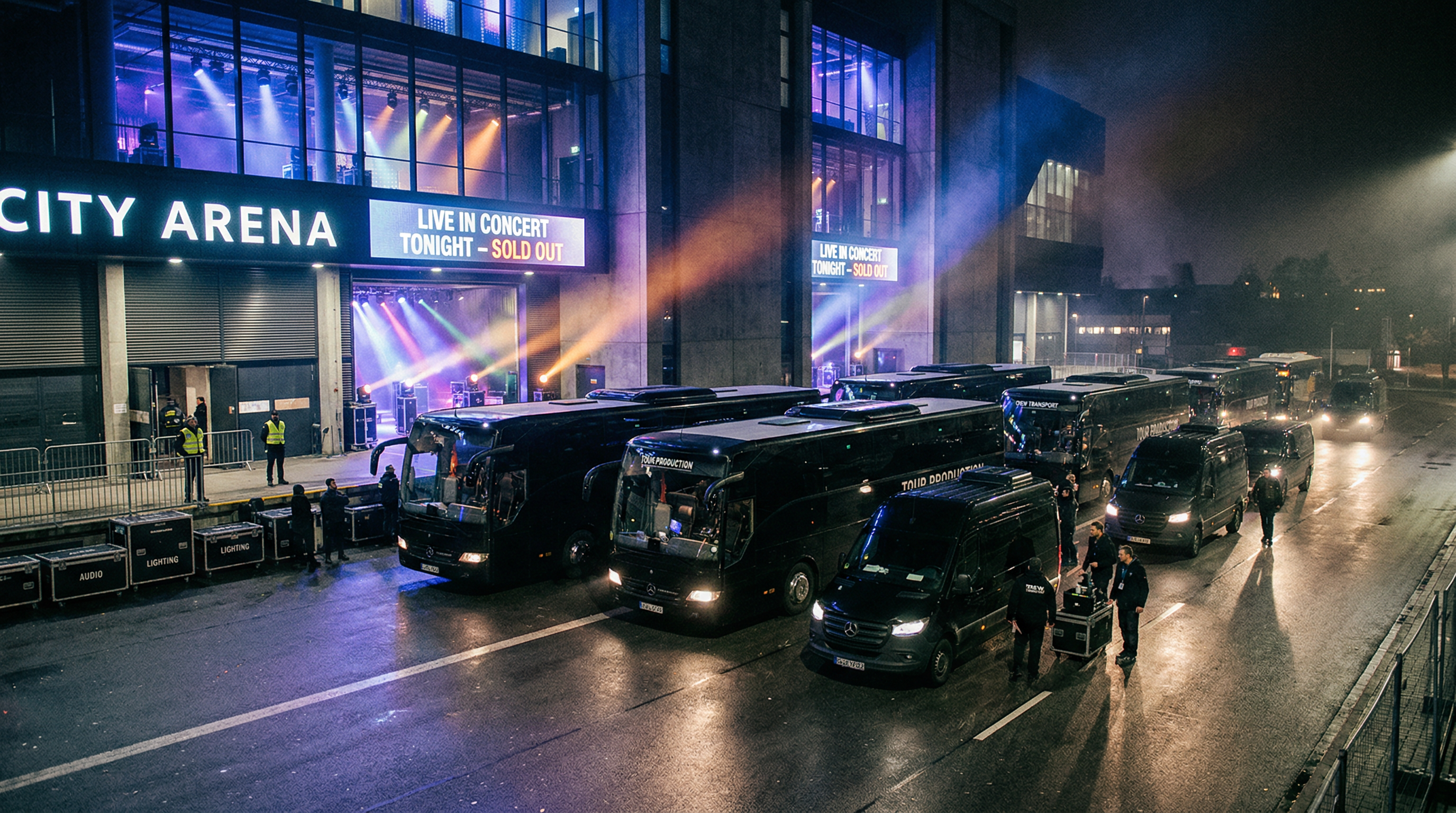 Tour buses concert arena